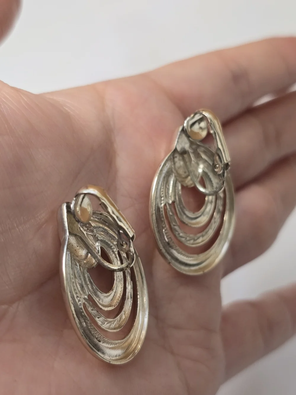 Polished Silver-Tone Concentric Hoop Drop Earrings Clip On